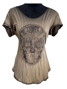 Velvet Stone Shirt Womens L Beige Skull Embroidered Rhinestone Tunic Goth Ombre